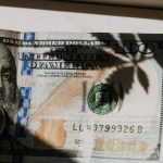 a dollar bill with a shadow of a cannabis leaf